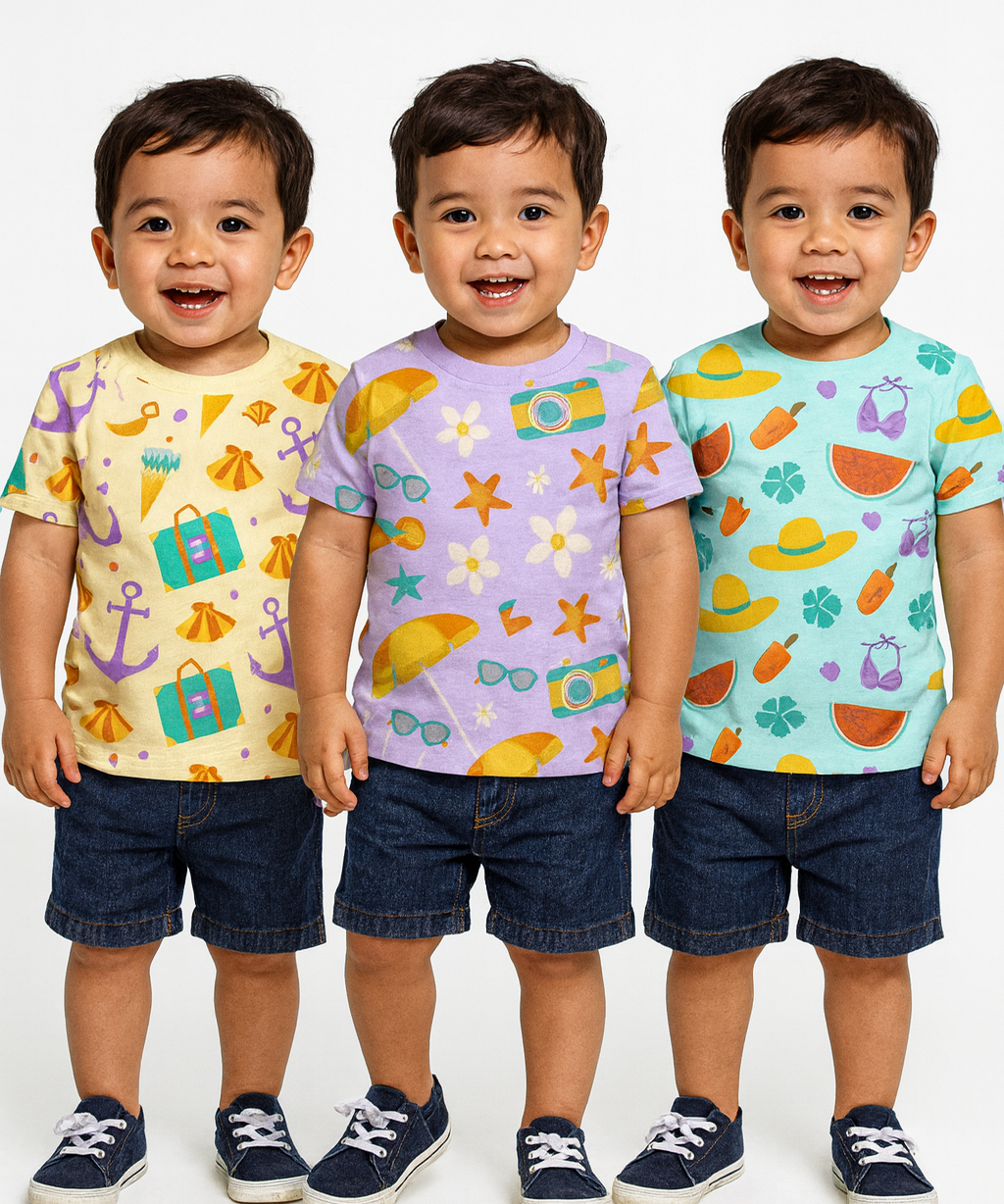 Kids All Over Printed Cotton Tshirt Multi Colour | Age 1 to 5 Years (Pack of 3 Pieces)