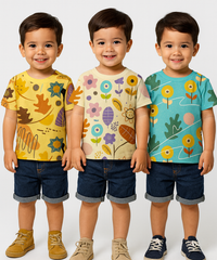 Kids All Over Printed Cotton Tshirt Multi Colour | Age 1 to 5 Years (Pack of 3 Pieces)