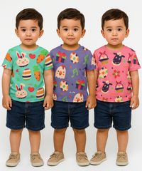 Kids All Over Printed Cotton Tshirt Multi Colour | Age 1 to 5 Years (Pack of 3 Pieces)