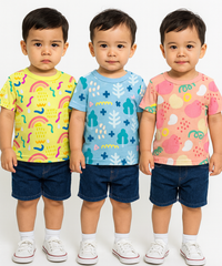 Kids All Over Printed Cotton Tshirt Multi Colour | Age 1 to 5 Years (Pack of 3 Pieces)