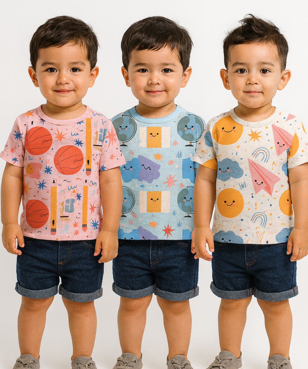 Kids All Over Printed Cotton Tshirt Multi Colour | Age 1 to 5 Years (Pack of 3 Pieces)
