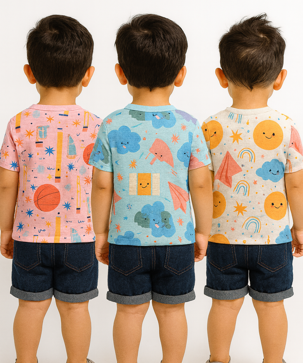 Kids All Over Printed Cotton Tshirt Multi Colour | Age 1 to 5 Years (Pack of 3 Pieces)