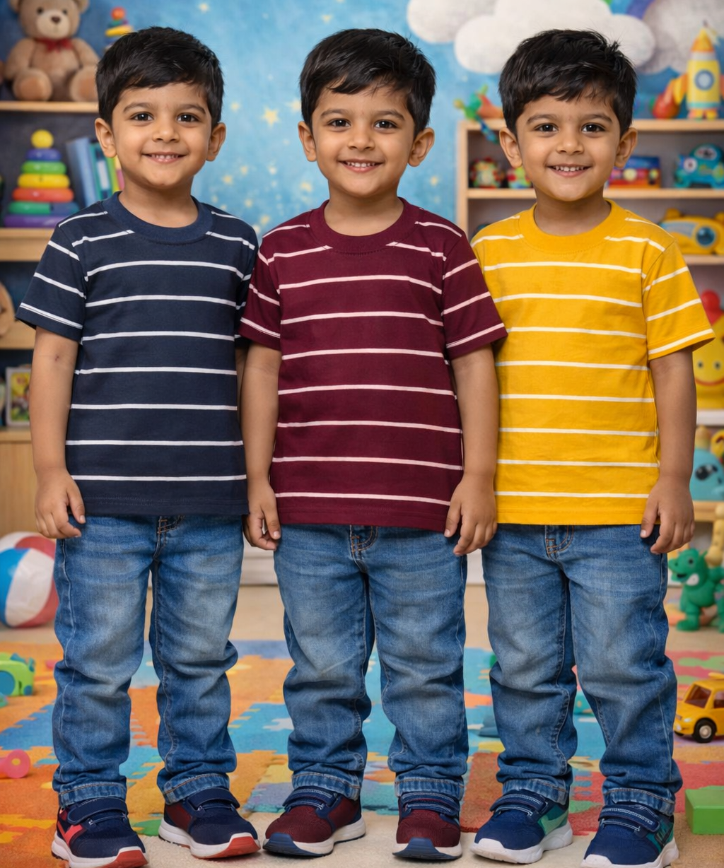 Kids Stripes Half Sleeve Cotton Tshirt | Age 0 to 12 Years (Pack of 3 Pieces)