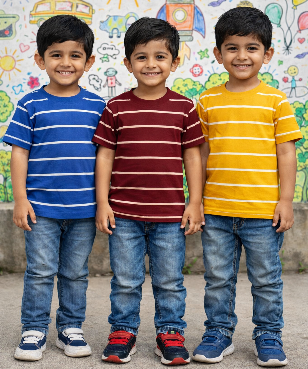 Kids Stripes Half Sleeve Cotton Tshirt | Age 0 to 12 Years (Pack of 3 Pieces)