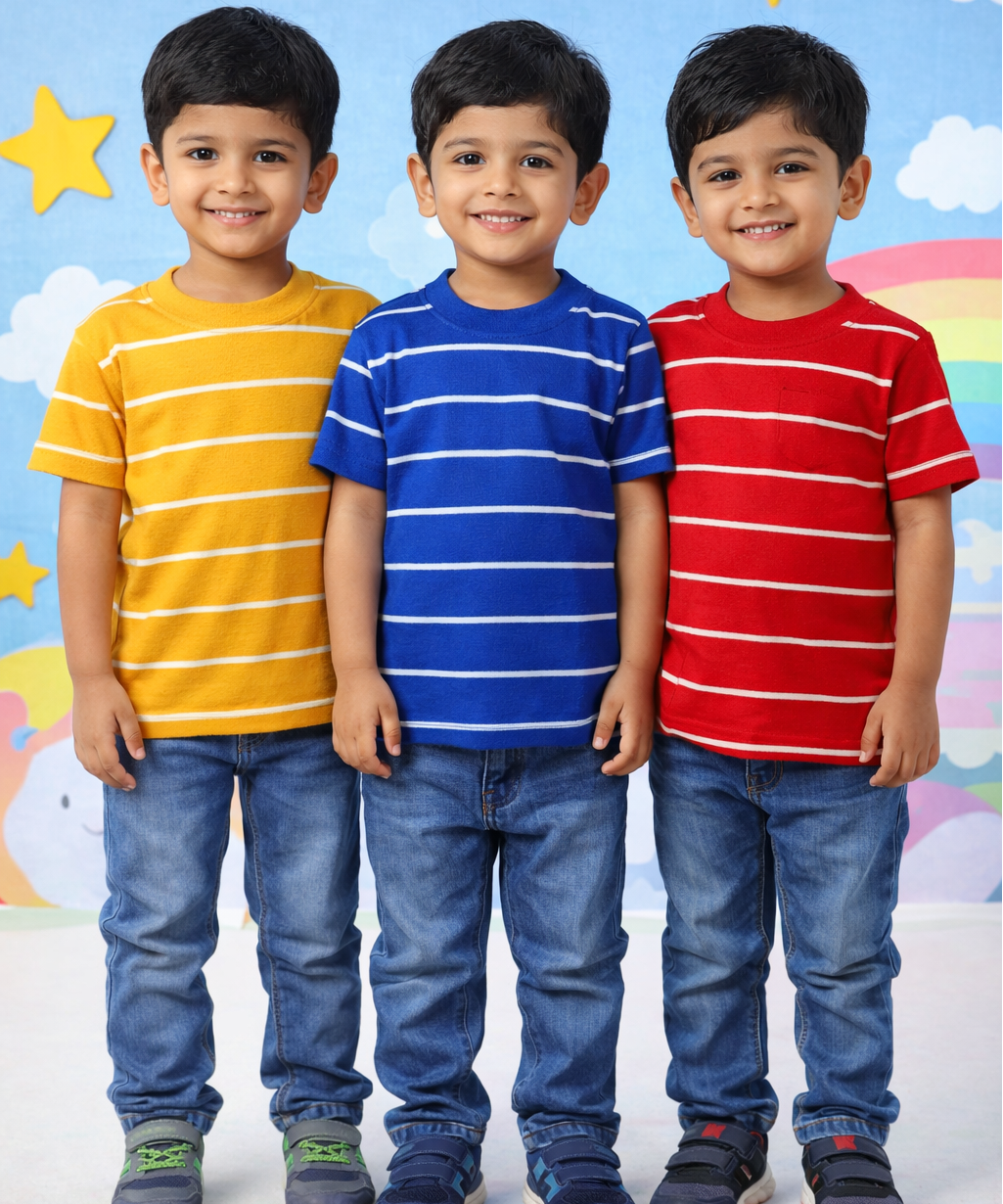 Kids Stripes Half Sleeve Cotton Tshirt | Age 0 to 12 Years (Pack of 3 Pieces)