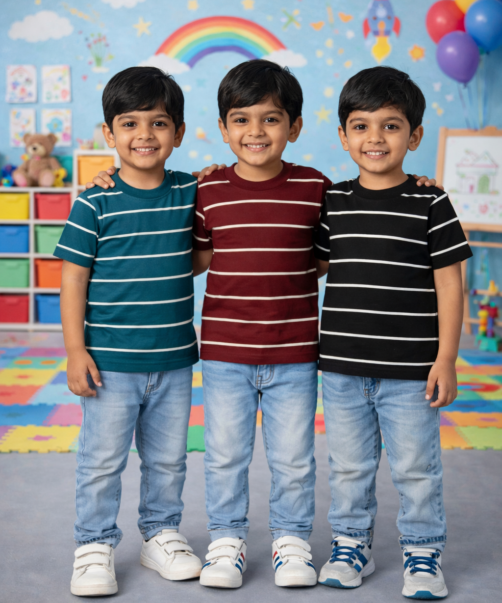 Kids Stripes Half Sleeve Cotton Tshirt | Age 0 to 12 Years (Pack of 3 Pieces)