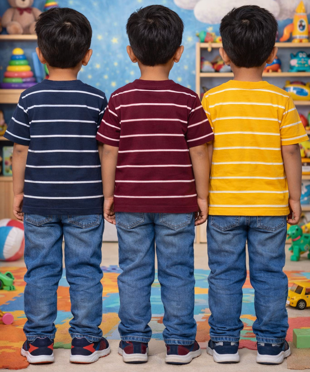 Kids Stripes Half Sleeve Cotton Tshirt | Age 0 to 12 Years (Pack of 3 Pieces)