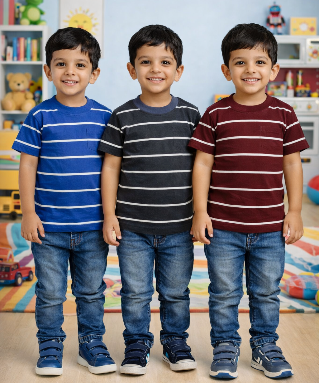 Kids Stripes Half Sleeve Cotton Tshirt | Age 0 to 12 Years (Pack of 3 Pieces)