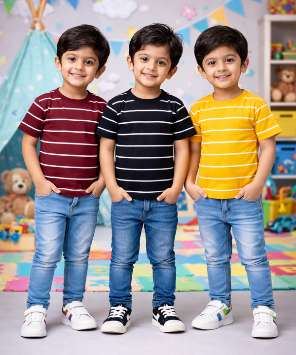 Kids Stripes Half Sleeve Cotton Tshirt | Age 1 to 14 Years (Pack of 3 Pieces)