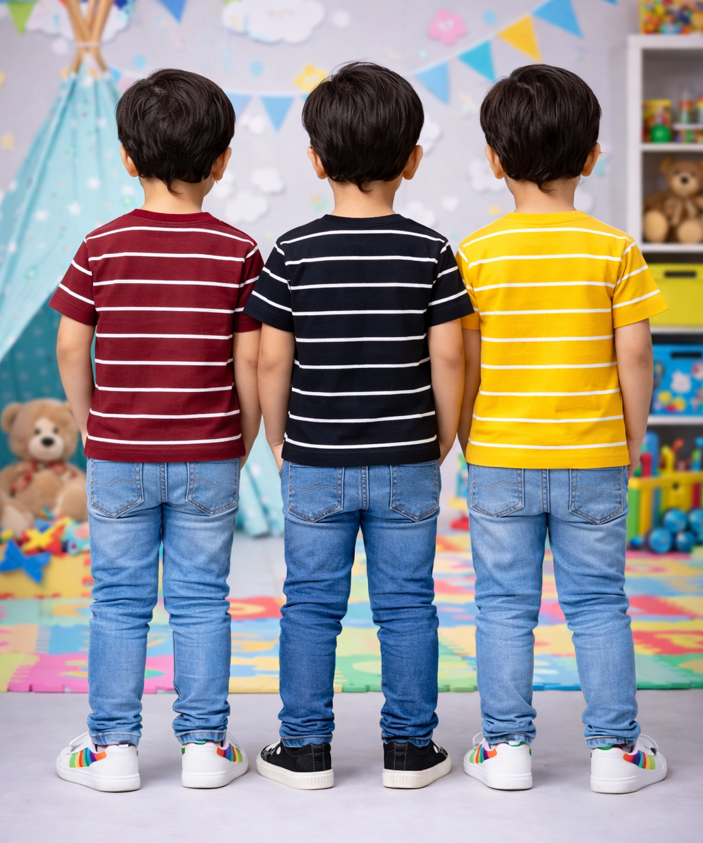 Kids Stripes Half Sleeve Cotton Tshirt | Age 0 to 12 Years (Pack of 3 Pieces)