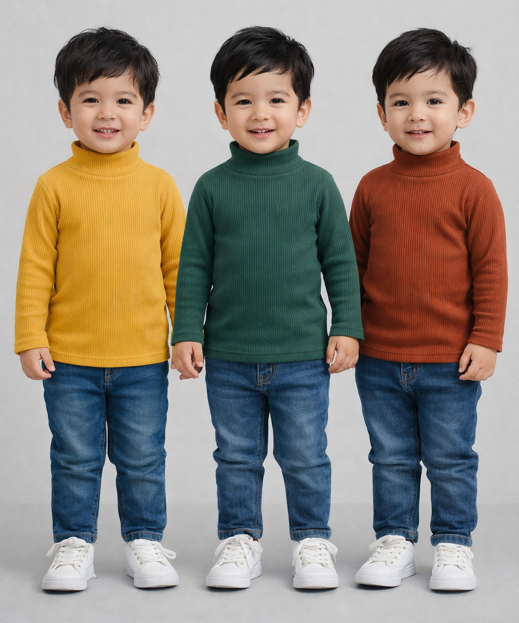 Kids Full Sleeve Hi-Neck Plain Rib T-shirt | Age 0 to 5 Years | Pack of 3 Pieces