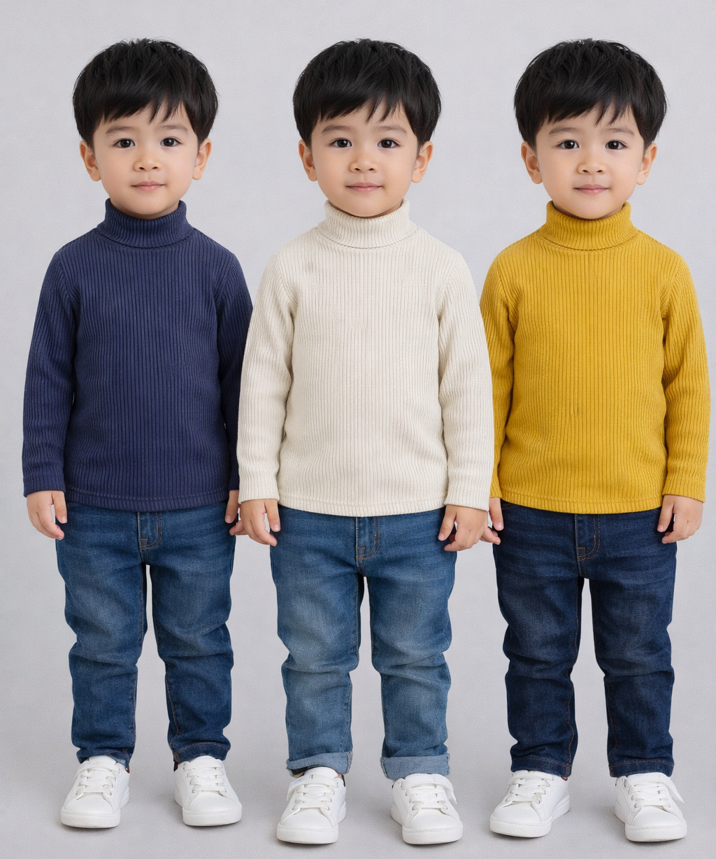 Kids Full Sleeve Hi-Neck Plain Rib T-shirt | Age 0 to 5 Years | Pack of 3 Pieces