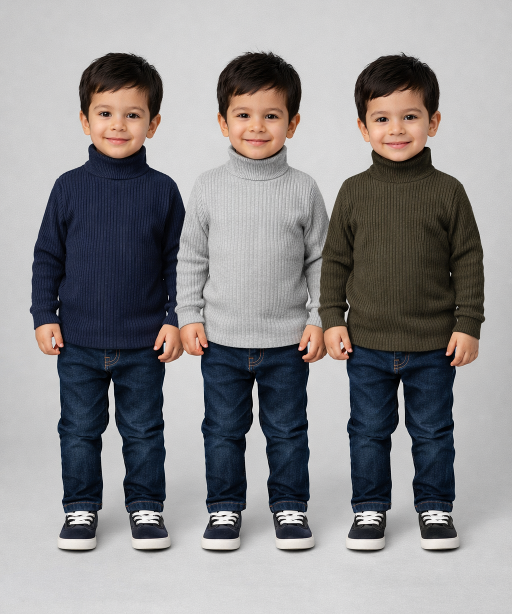 Kids Full Sleeve Hi-Neck Plain Rib T-shirt | Age 0 to 5 Years | Pack of 3 Pieces