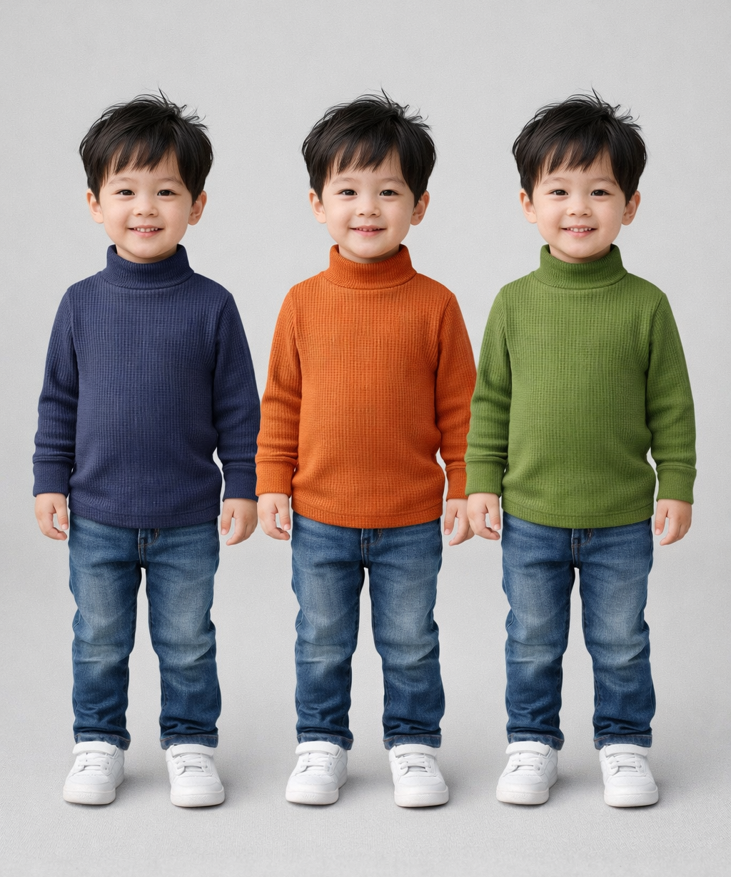 Kids Full Sleeve Hi-Neck Plain Rib T-shirt | Age 0 to 5 Years | Pack of 3 Pieces