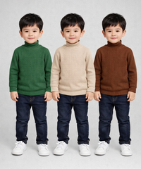 Kids Full Sleeve Hi-Neck Plain Rib T-shirt | Age 0 to 5 Years | Pack of 3 Pieces