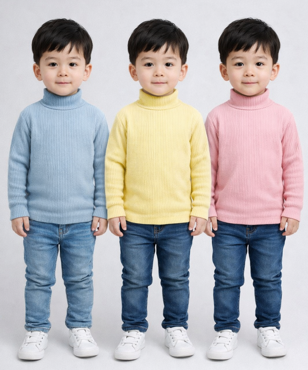 Kids Full Sleeve Hi-Neck Plain Rib T-shirt | Age 0 to 5 Years | Pack of 3 Pieces