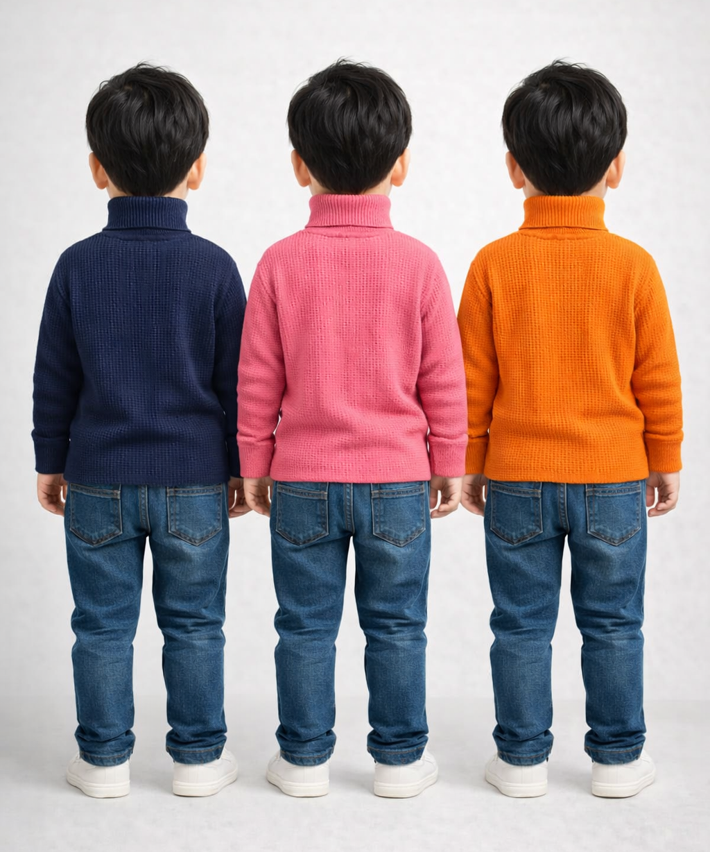 Kids Full Sleeve Hi-Neck Plain Rib T-shirt | Age 0 to 5 Years | Pack of 3 Pieces