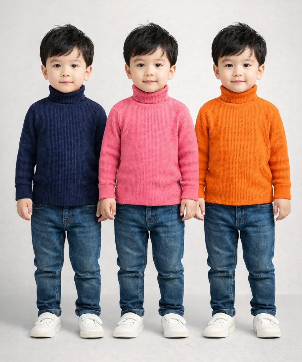 Kids Full Sleeve Hi-Neck Plain Rib T-shirt | Age 0 to 5 Years | Pack of 3 Pieces