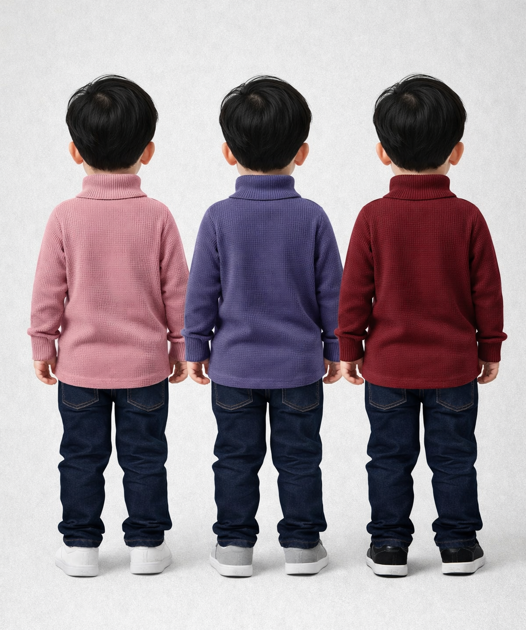 Kids Full Sleeve Hi-Neck Plain Rib T-shirt | Age 0 to 5 Years | Pack of 3 Pieces