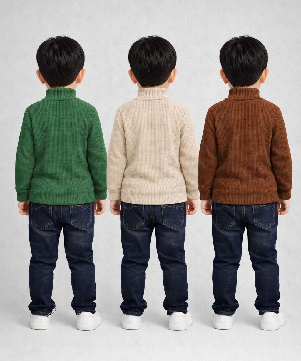 Kids Full Sleeve Hi-Neck Plain Rib T-shirt | Age 0 to 5 Years | Pack of 3 Pieces