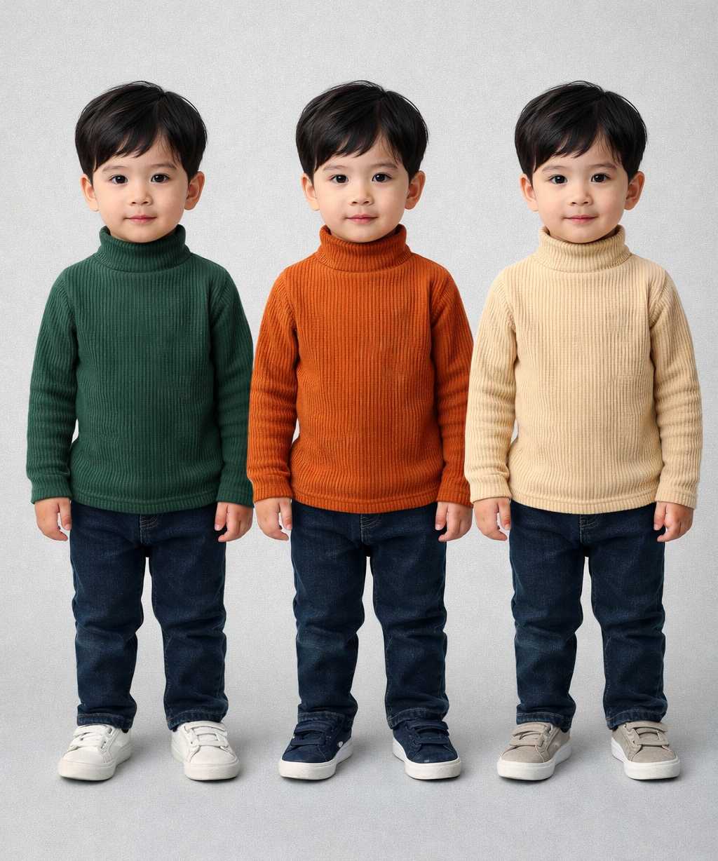 Kids Full Sleeve Hi-Neck Plain Rib T-shirt | Age 0 to 5 Years | Pack of 3 Pieces