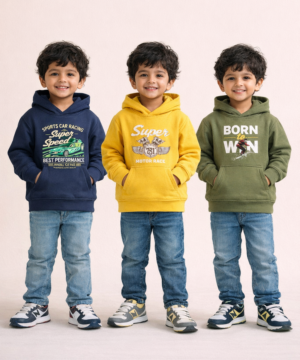 Cotton Kids Cartoon Printed Hoodie Multi Color | Age 2 to 11 Years (Pack of 3 Pieces)