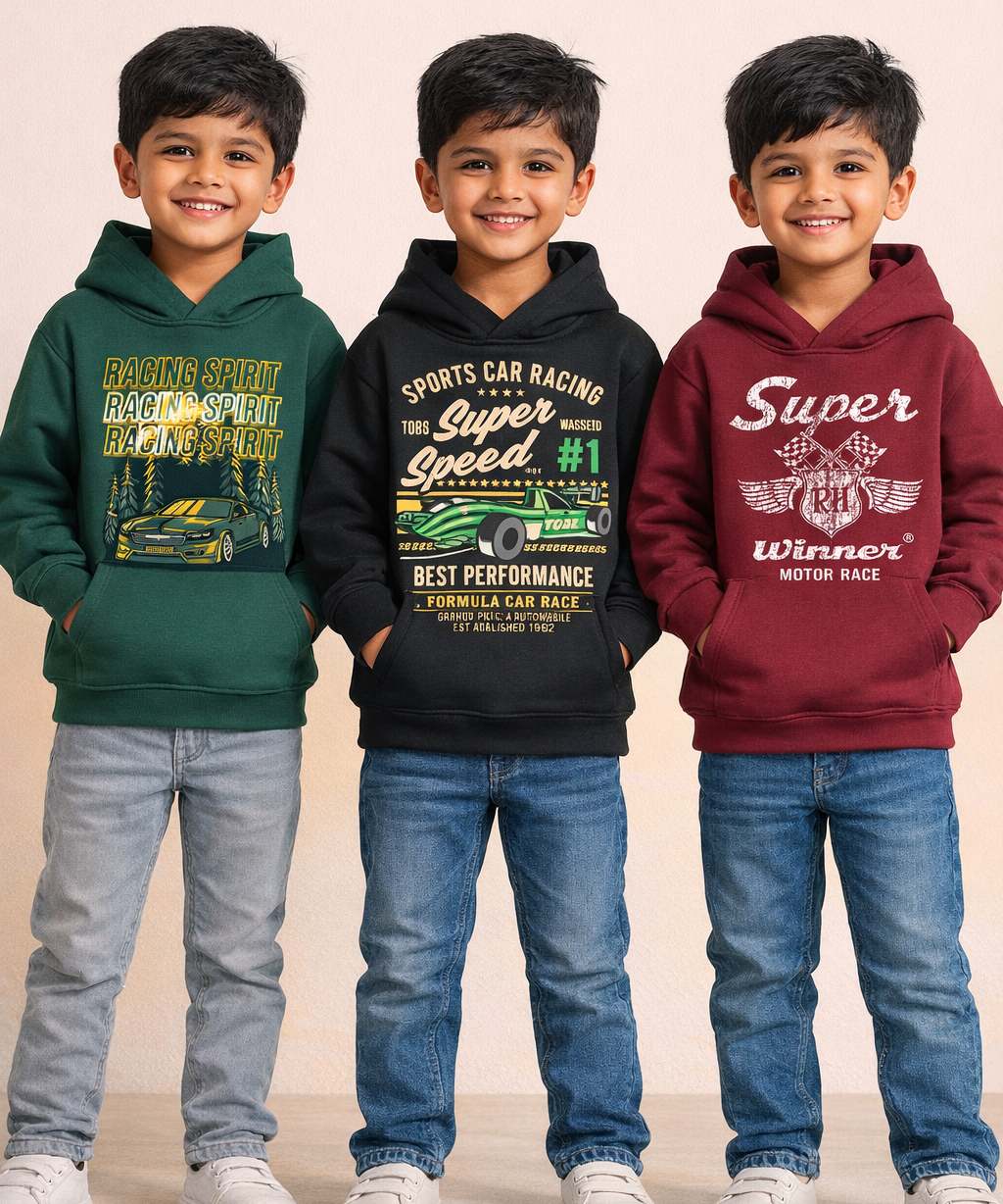 Cotton Kids Cartoon Printed Hoodie Multi Color | Age 2 to 11 Years (Pack of 3 Pieces)