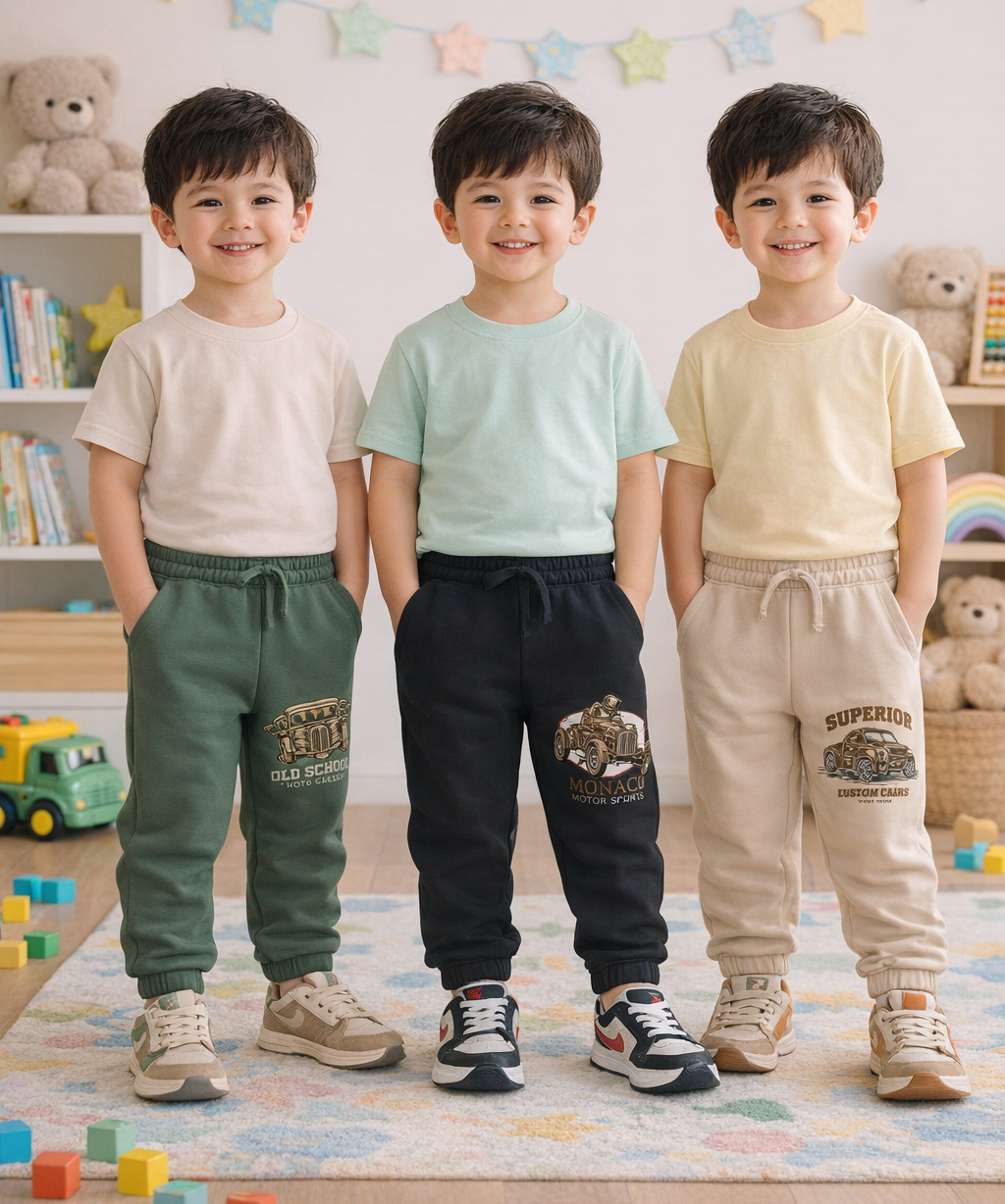 Cotton Track Pant with Bottom Cuff | Random Cartoon Printed | Age 0 to 5 Years (Pack of 3 Pieces)