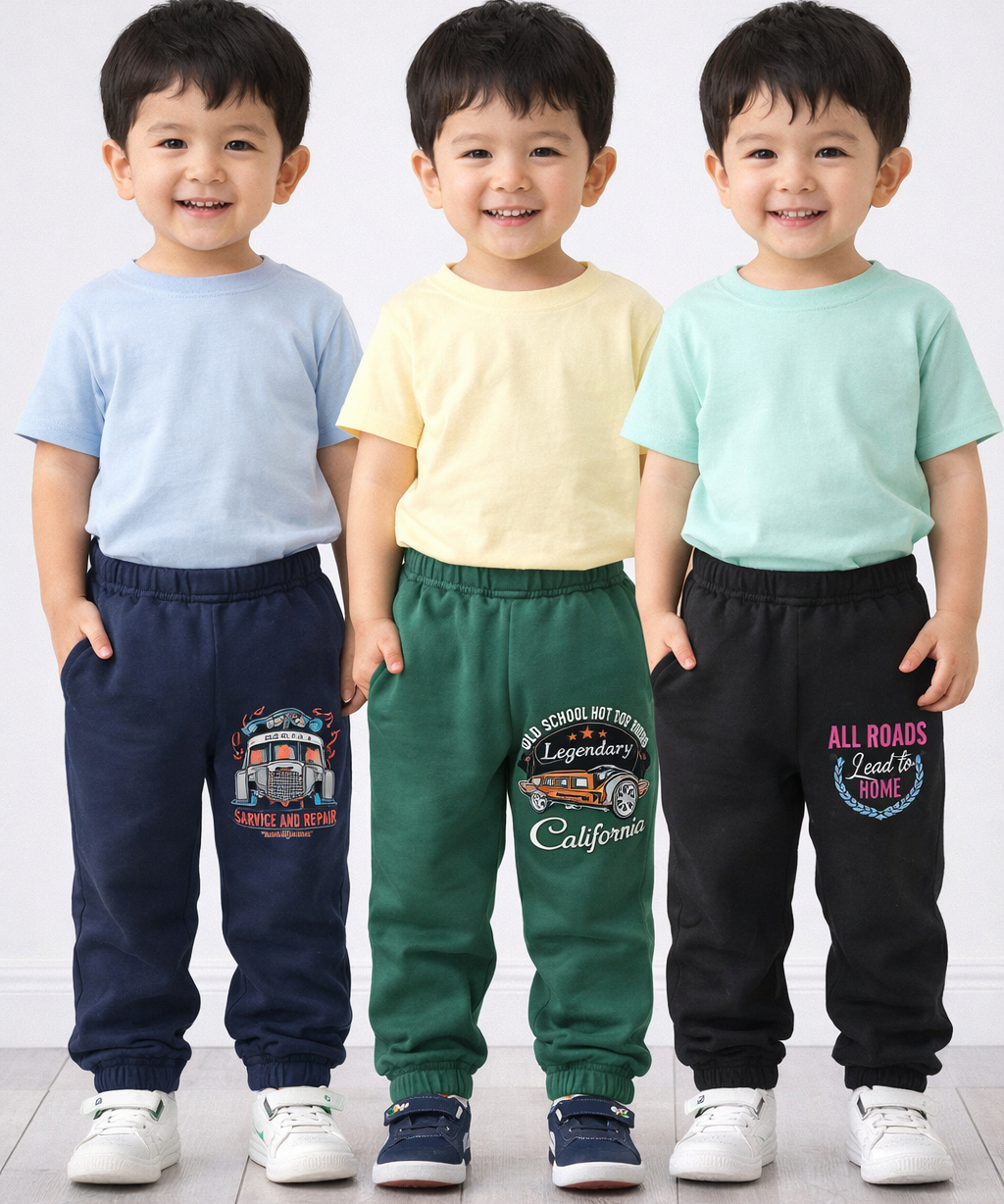 Cotton Track Pant with Bottom Cuff | Random Cartoon Printed | Age 0 to 5 Years (Pack of 3 Pieces)