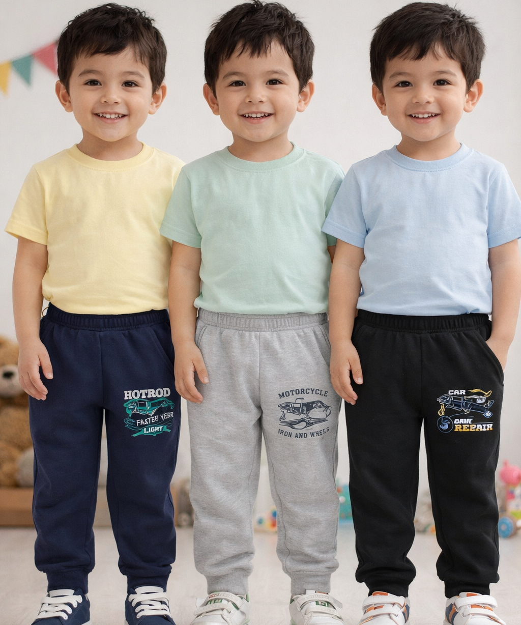 Cotton Track Pant with Bottom Cuff | Random Cartoon Printed | Age 0 to 5 Years (Pack of 3 Pieces)