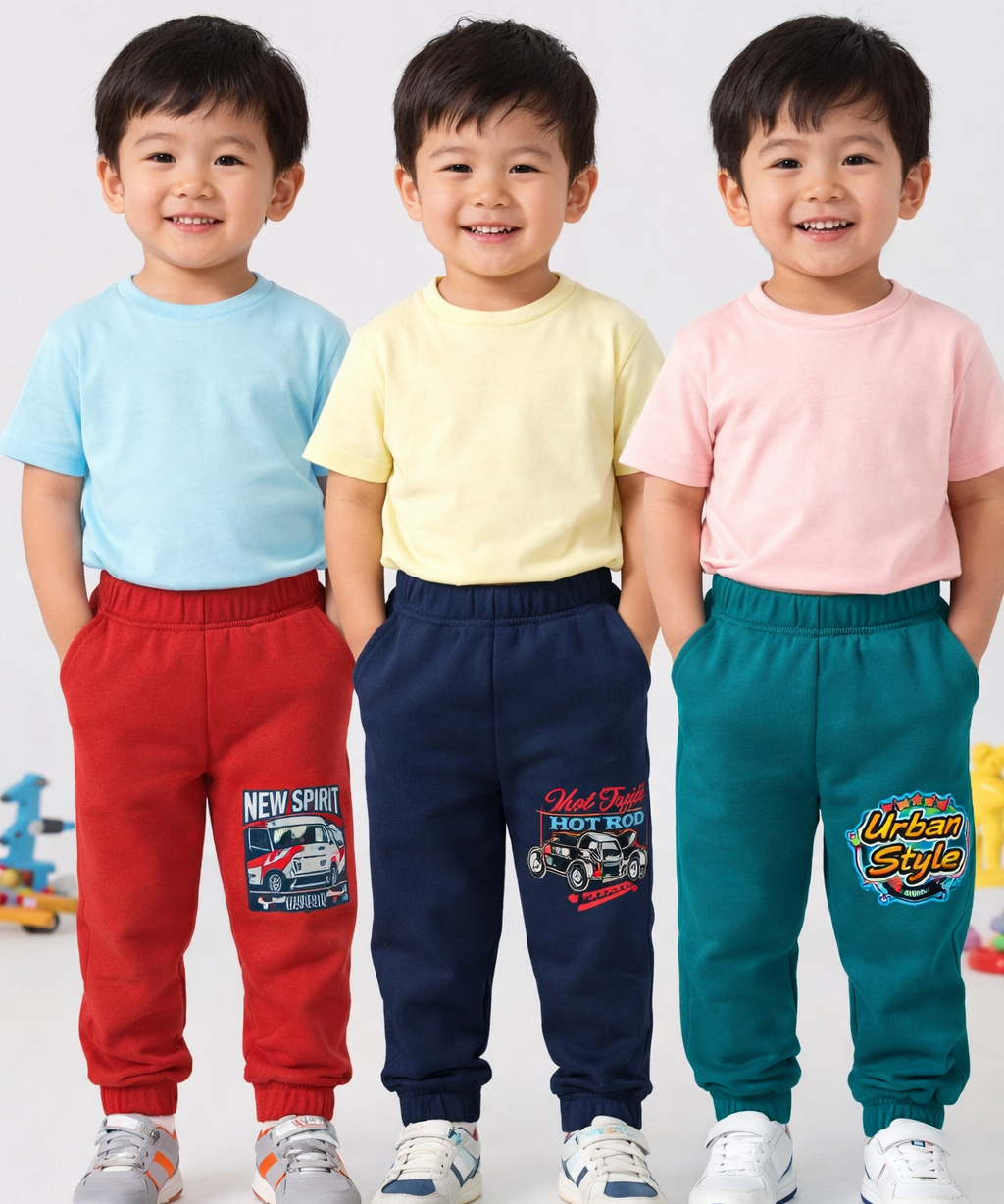 Cotton Track Pant with Bottom Cuff | Random Cartoon Printed | Age 0 to 5 Years (Pack of 3 Pieces)