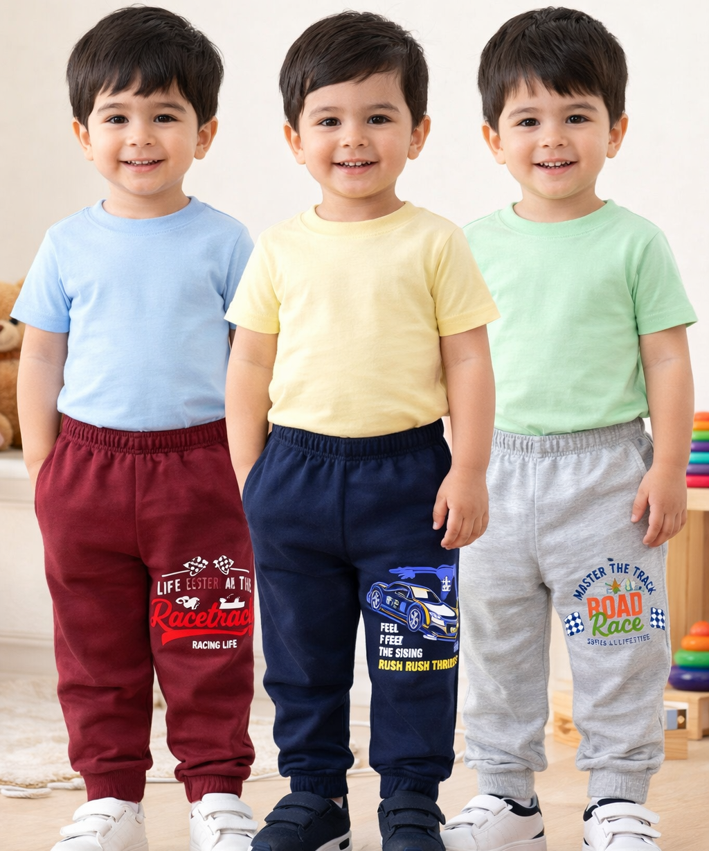 Cotton Track Pant with Bottom Cuff | Random Cartoon Printed | Age 0 to 5 Years (Pack of 3 Pieces)