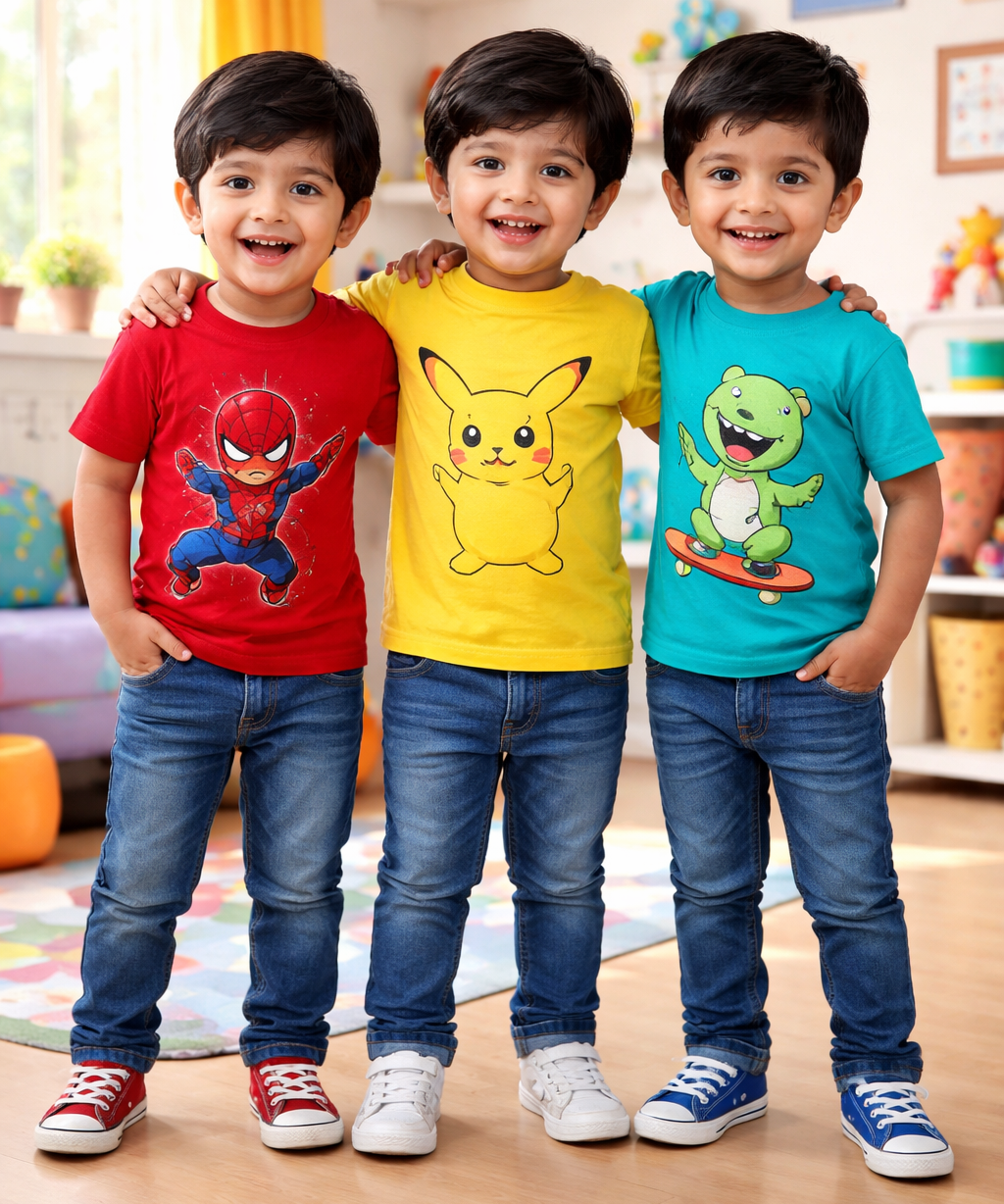 Kids Cotton Tshirt With Cartoon Print Multi Color | Age 0 to 6 Years (Pack of 3 Pieces)