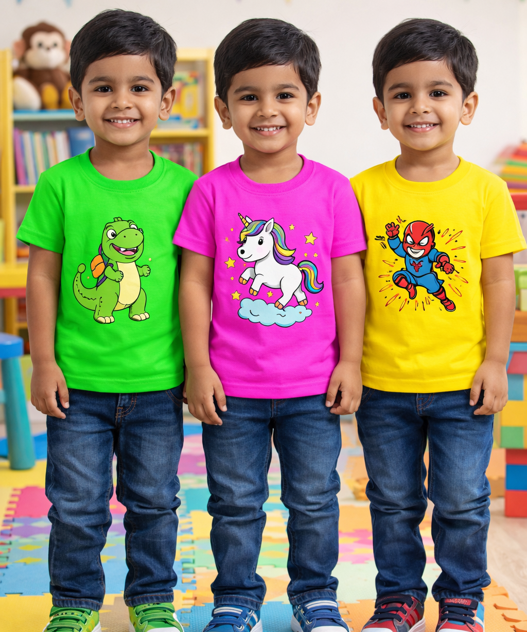 Kids Cotton Tshirt With Cartoon Print Multi Color | Age 0 to 6 Years (Pack of 3 Pieces)