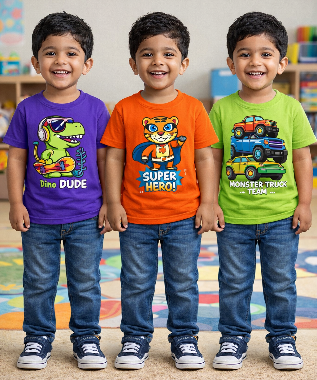 Kids Cotton Tshirt With Cartoon Print Multi Color | Age 0 to 6 Years (Pack of 3 Pieces)
