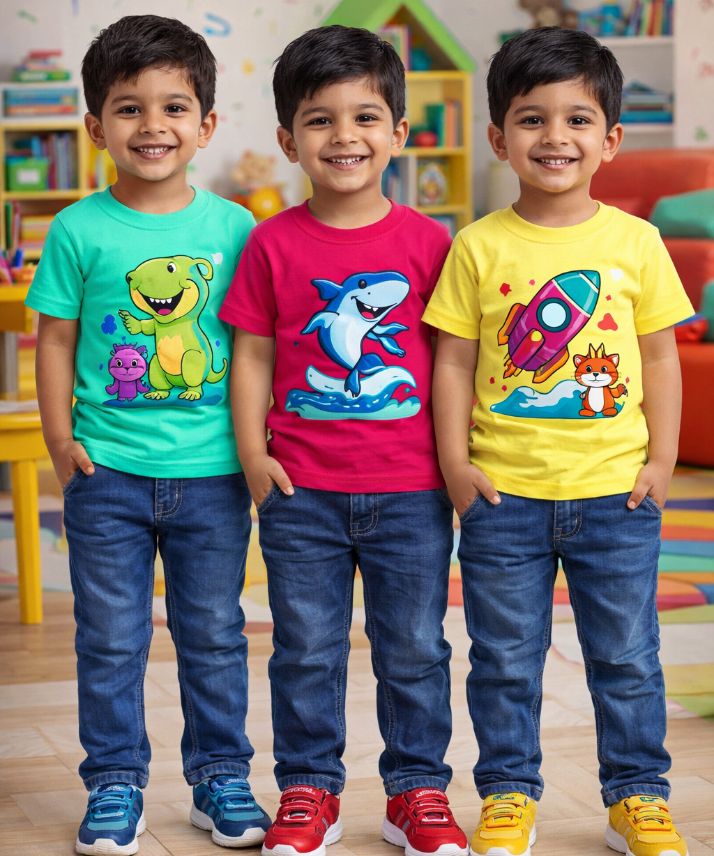 Kids Cotton Tshirt With Cartoon Print Multi Color | Age 0 to 6 Years (Pack of 3 Pieces)
