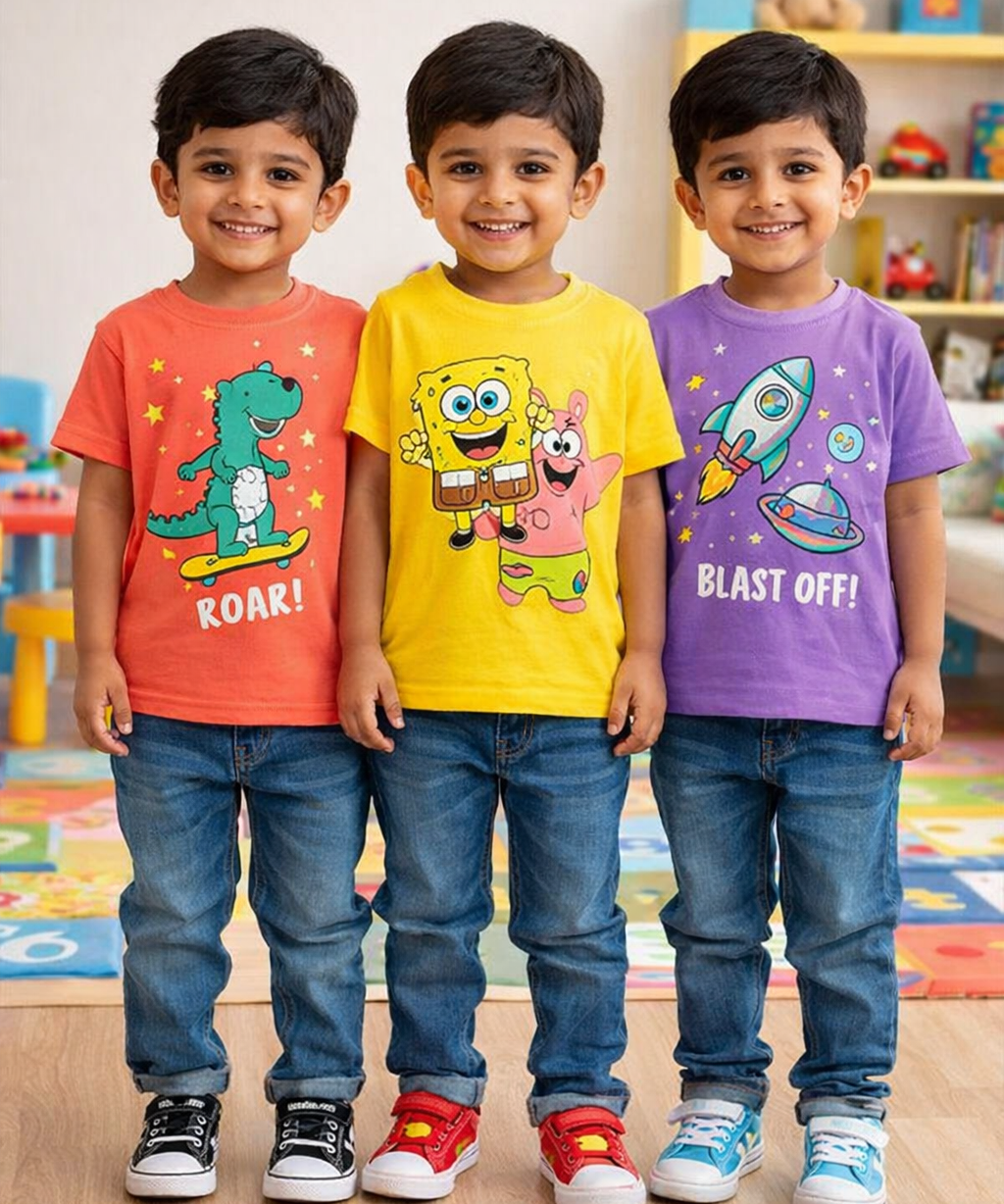 Kids Cotton Tshirt With Cartoon Print Multi Color | Age 0 to 6 Years (Pack of 3 Pieces)