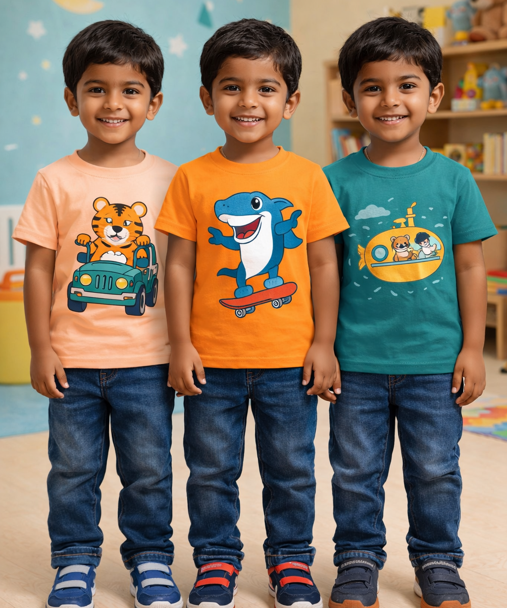 Kids Cotton Tshirt With Cartoon Print Multi Color | Age 0 to 6 Years (Pack of 3 Pieces)