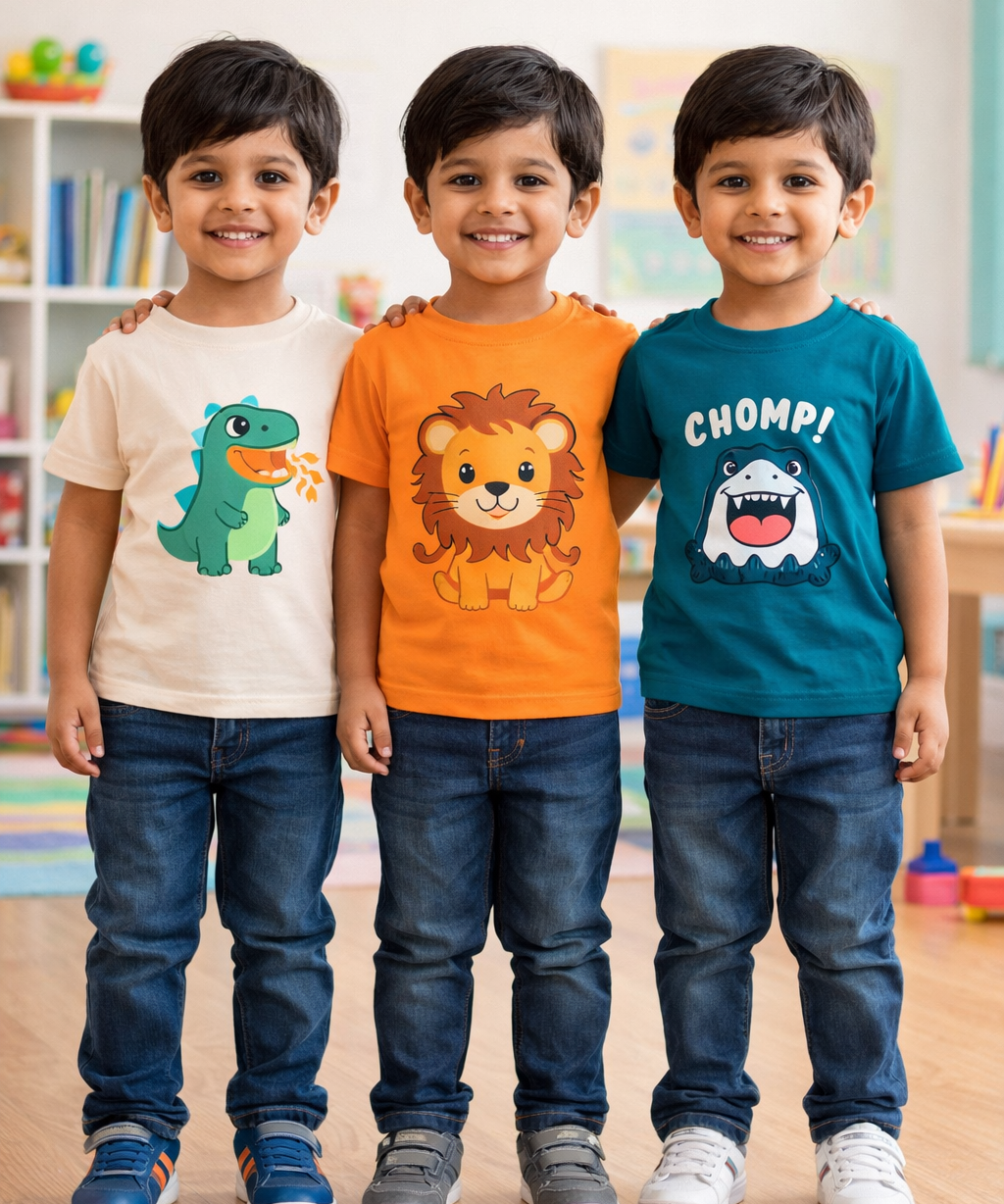 Kids Cotton Tshirt With Cartoon Print Multi Color | Age 0 to 6 Years (Pack of 3 Pieces)