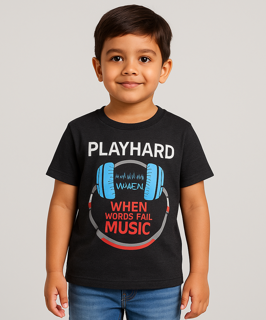 Kids Tshirt Printed 100% Cotton Single Jersey Black Color Rolls Run Tshirt