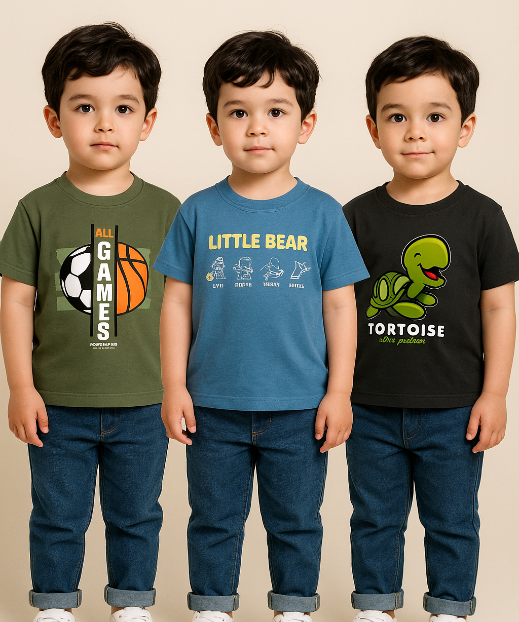 Kids 100% Cotton Fine Tshirt With Printed Multi Colour | Age 1 to 6 Years (Pack of 3 Pieces)