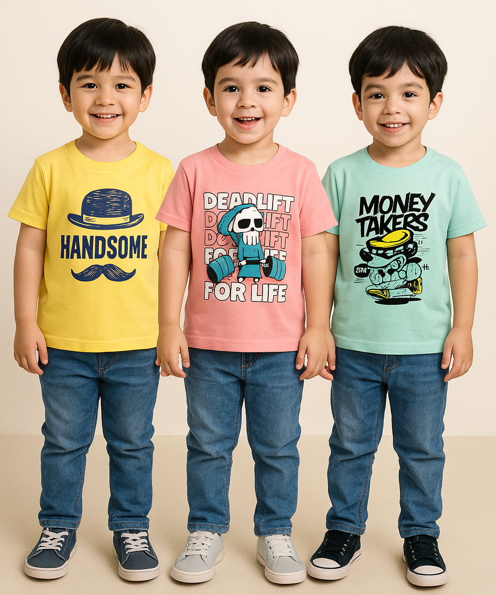 Kids 100% Cotton Fine Tshirt With Printed Multi Colour | Age 1 to 6 Years (Pack of 3 Pieces)