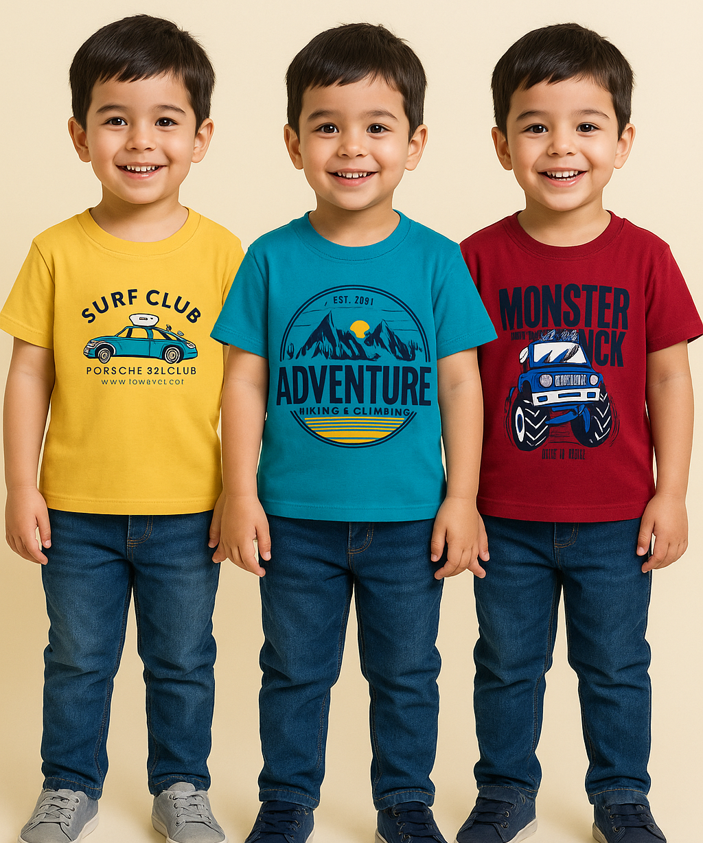 Kids 100% Cotton Fine Tshirt With Printed Multi Colour | Age 1 to 6 Years (Pack of 3 Pieces)