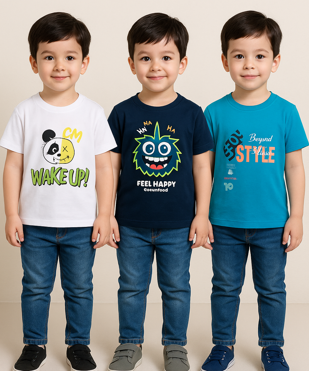 Kids 100% Cotton Fine Tshirt With Printed Multi Colour | Age 1 to 6 Years (Pack of 3 Pieces)