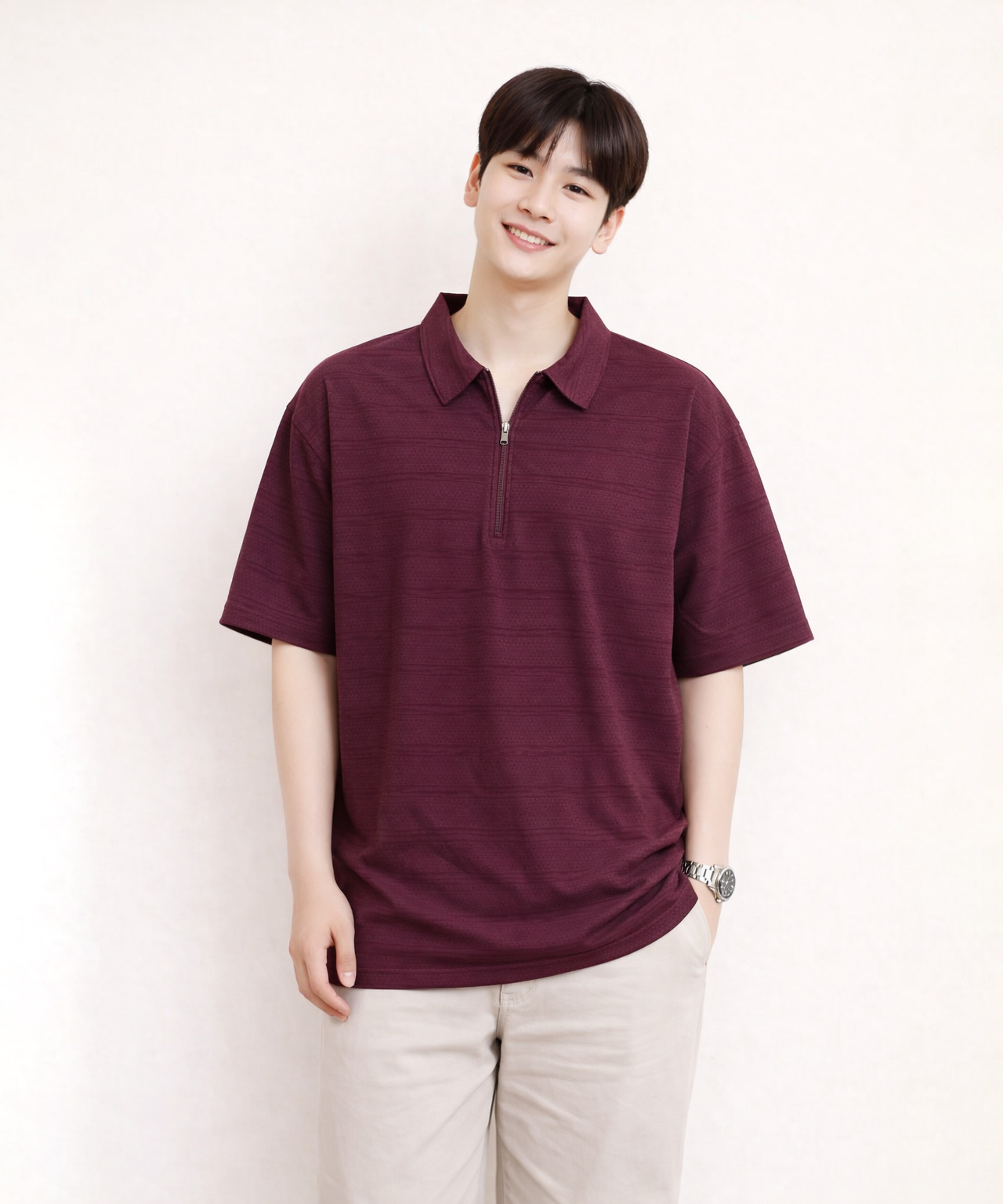 Korean Old Money Trending Oversized T-shirt / Maroon Color / Solid Brand