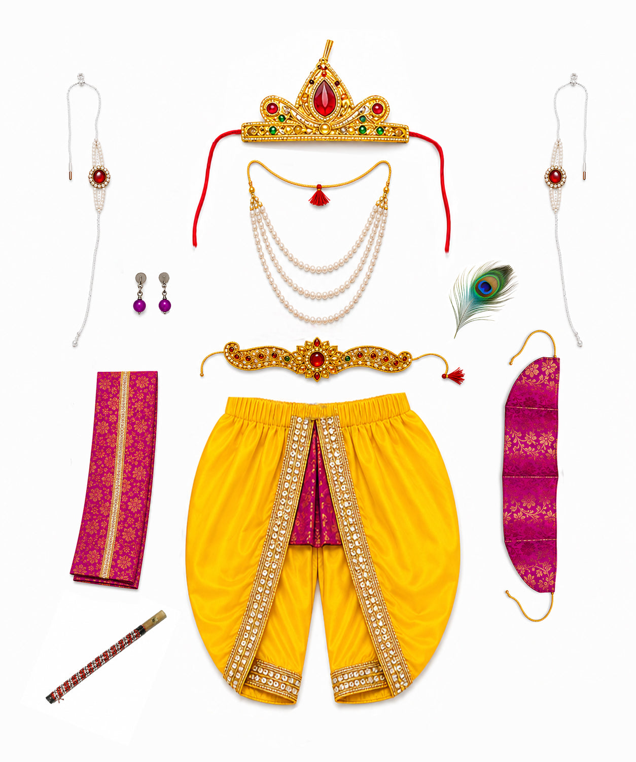 Little Krishna Fancy Dress Costume for Boys & Girls | 0 to 10 Years | Traditional Janmashtami Krishna Outfit with Crown, Flute & Accessories
