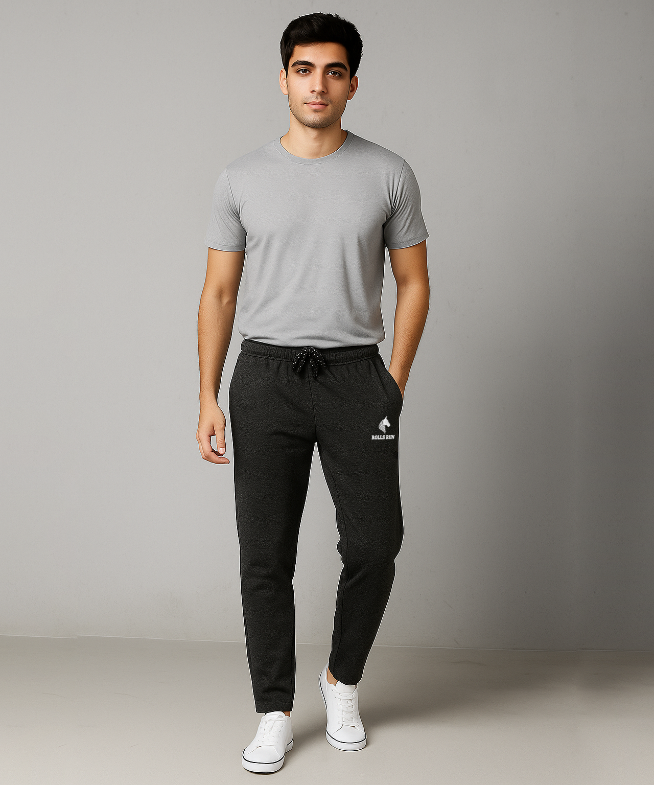 Rolls Run Branded Mens Cotton Track Pant | Black Melange Color | 100% Pure Cotton Loopknit Fabric | Sizes M to 2XL