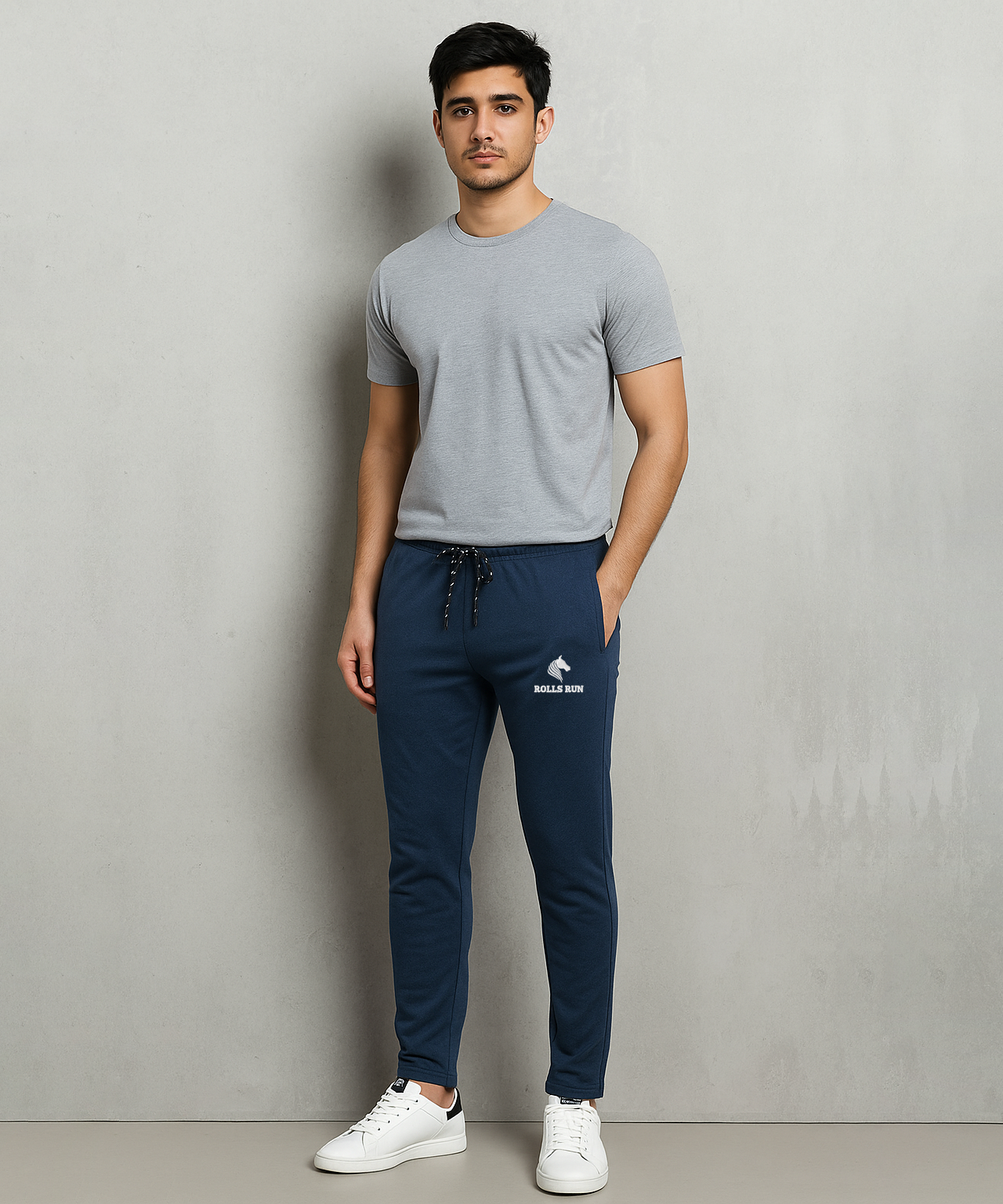 Rolls Run Branded Mens Cotton Track Pant | Lite Navy Blue Color | 100% Pure Cotton Loopknit Fabric | Sizes M to 2XL