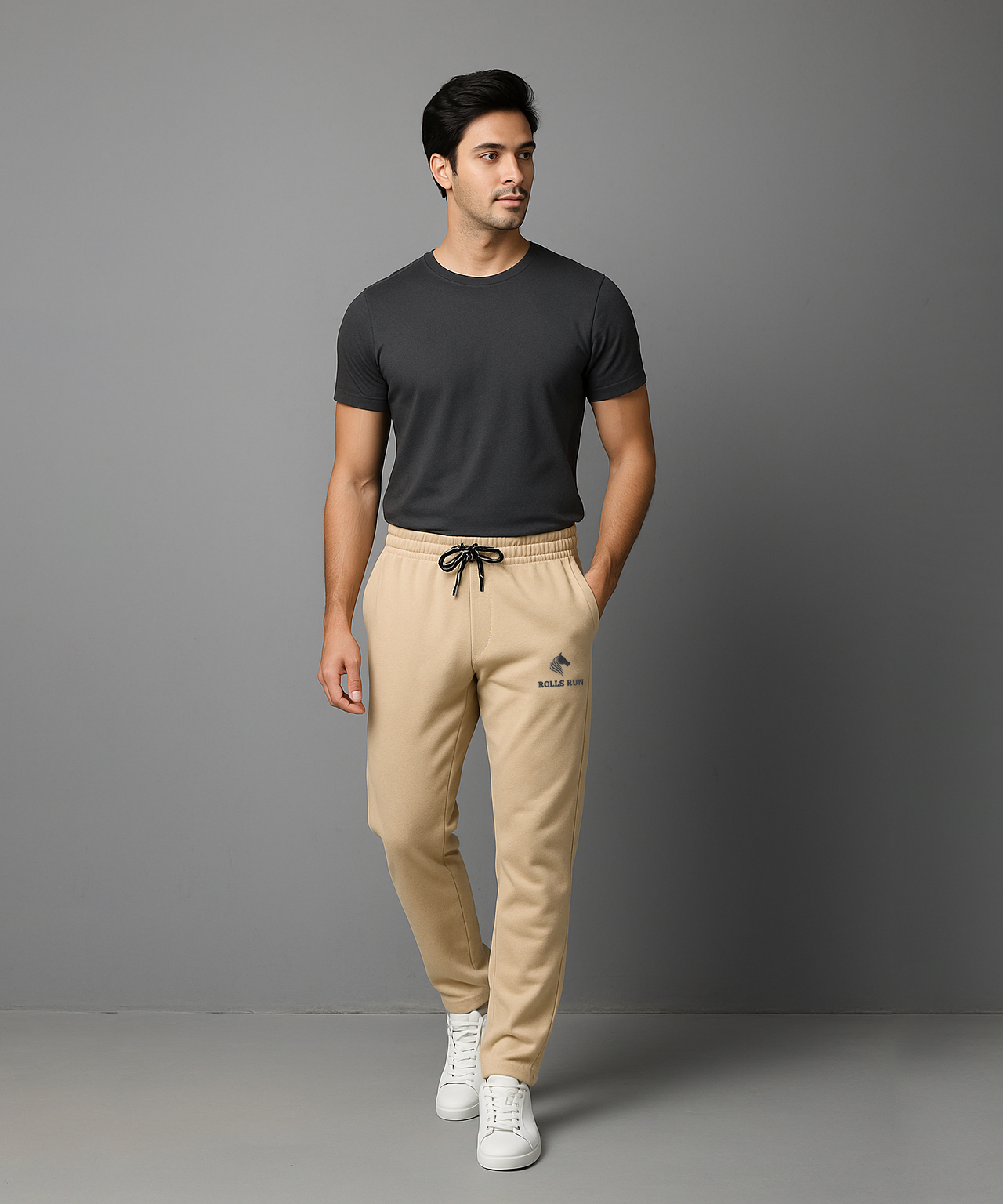 Rolls Run Branded Mens Cotton Track Pant | Beige Color | 100% Pure Cotton Loopknit Fabric | Sizes M to 2XL