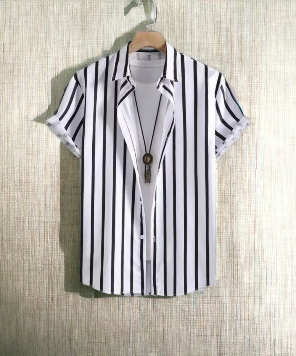 New Life Mens Lycra Shirt, Formal Shirt White with Black Striped Half Sleeve Shirt
